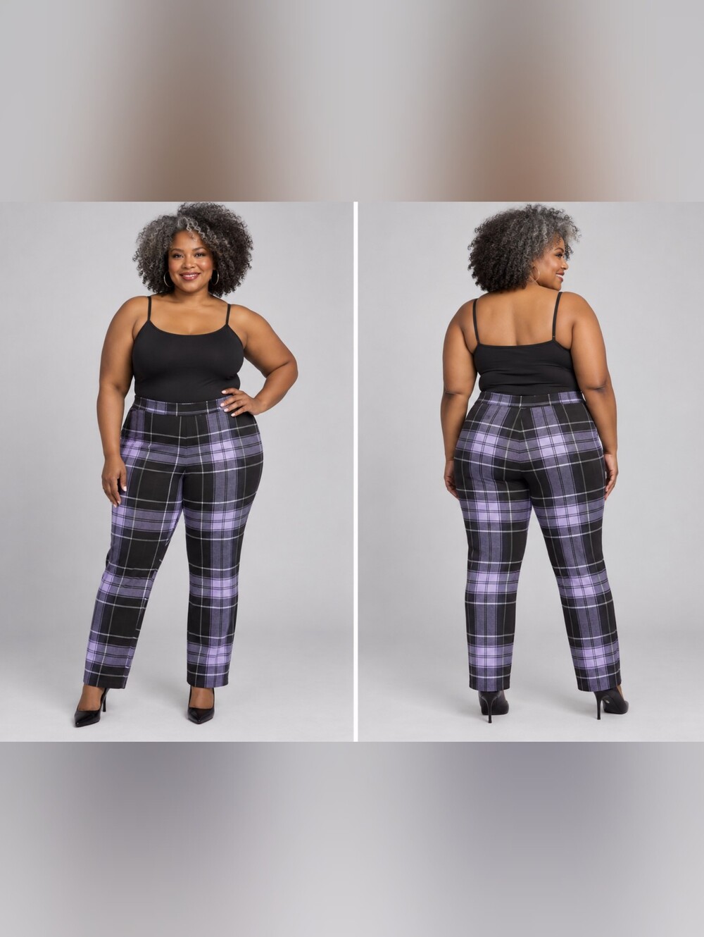 Ashley Stewart Black and Lavender Plaid Straight-Leg Pants